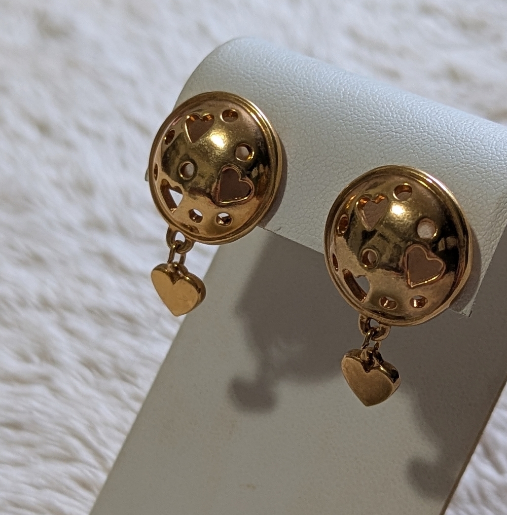 Vintage Goldtone Button with Heart Drop Accent Pierced Earrings - Picture 2 of 6